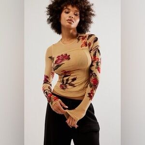 Free People Floral Long Sleeve Top - Tan and Red